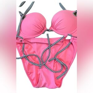 Pink and Black vintage Victoria’s Secret   Bikini with Striped Details